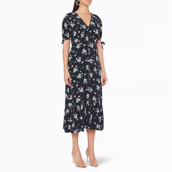 Ghost London Black Floral Maddy Midi Dress Size Small - Picture 1 of 10